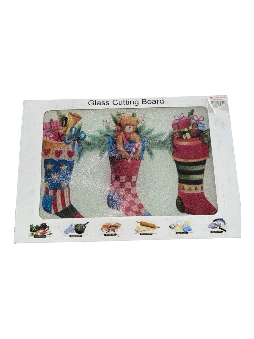 New  JOY 8"‎ x 12" Glass Cutting Board Christmas Tree Shops Seasonal Stockings